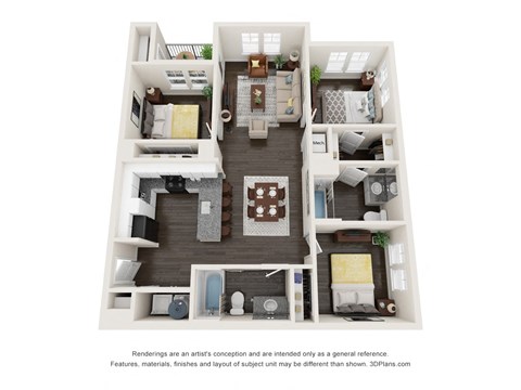 Floor plan for 3 beds, 2 baths, 1075 sqft